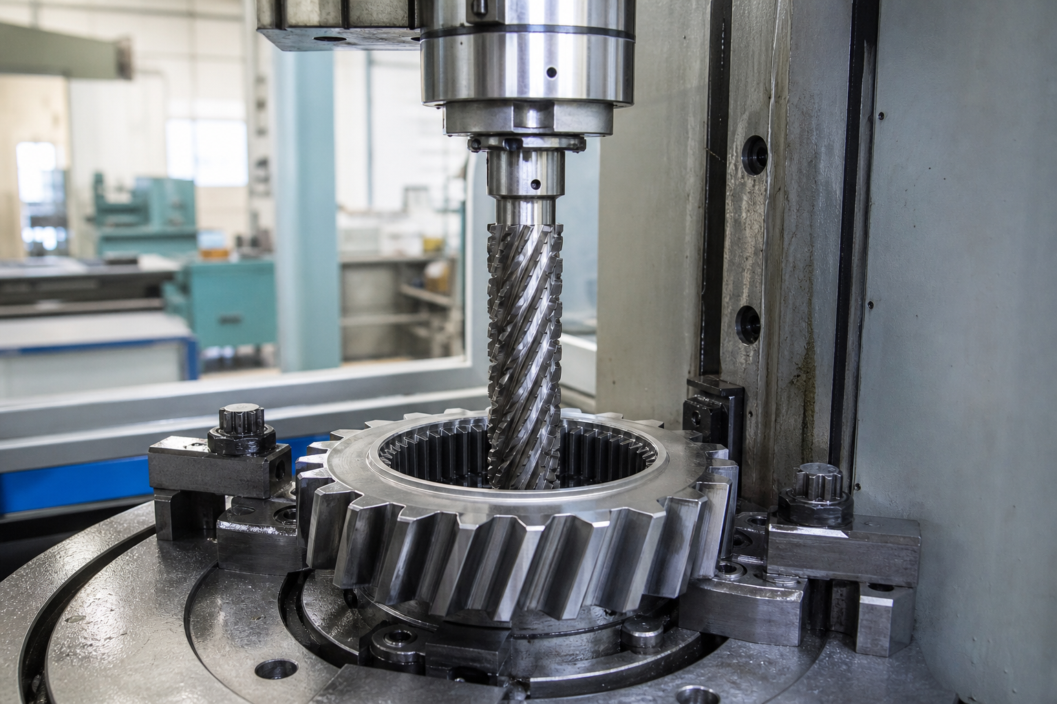 Helical broach cutting an internal helical spline on a vertical broaching machine