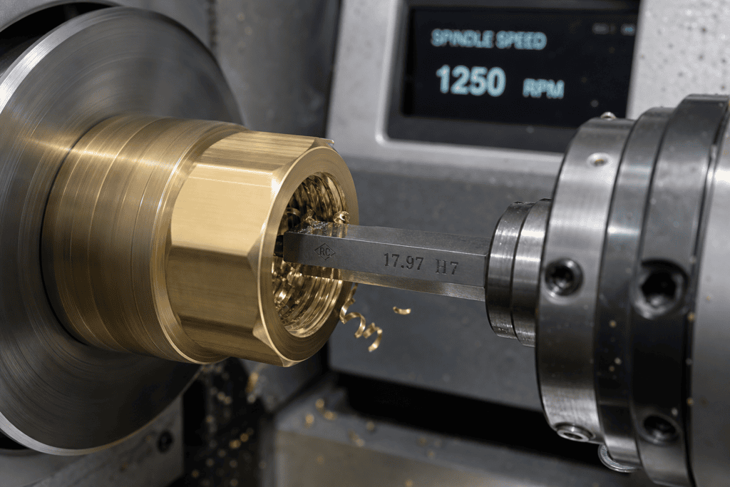 Rotary broaching on a CNC lathe with spindle speed readout