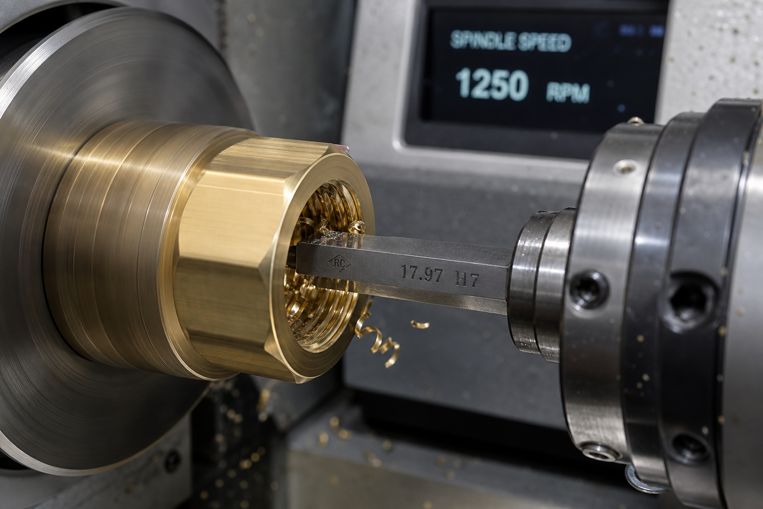 Rotary broaching on a CNC lathe with spindle speed readout