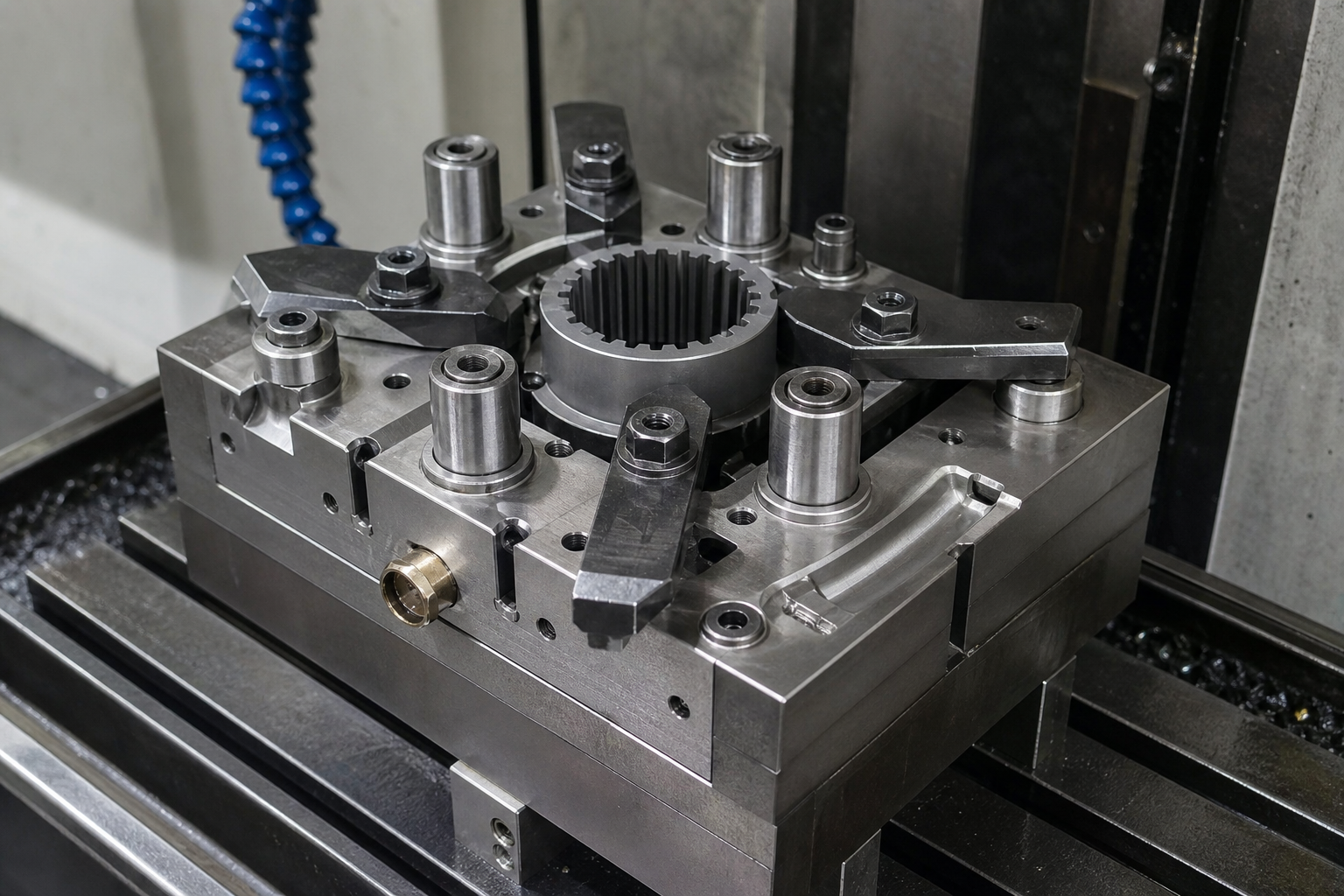 Broaching fixture with bushings and clamping arms on a machine table
