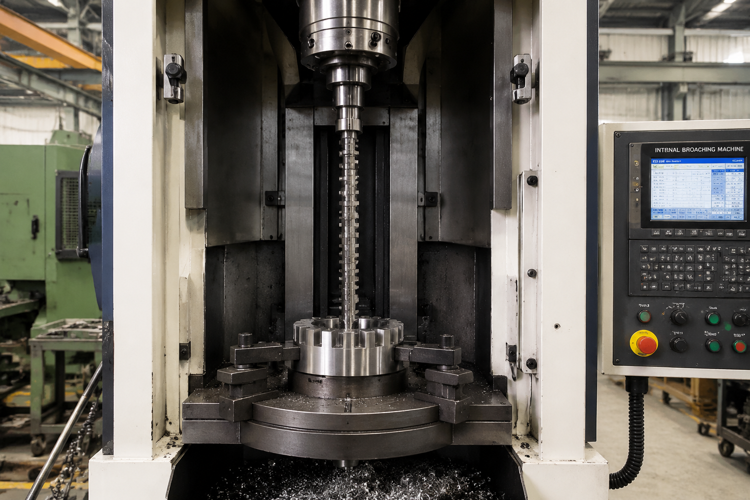 Vertical broaching machine pulling a broach through a gear blank