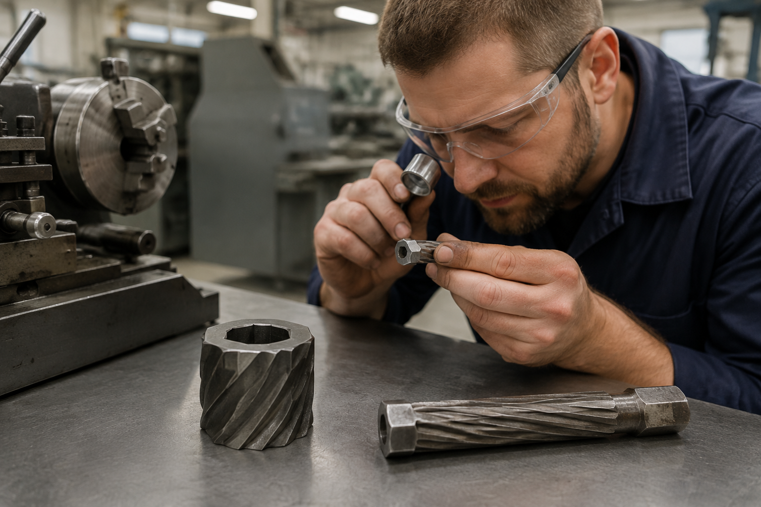 Machinist inspecting a worn rotary broach with loupe