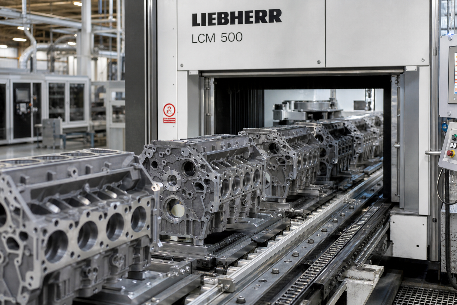 Cylinder blocks on a production line through a surface broaching machine