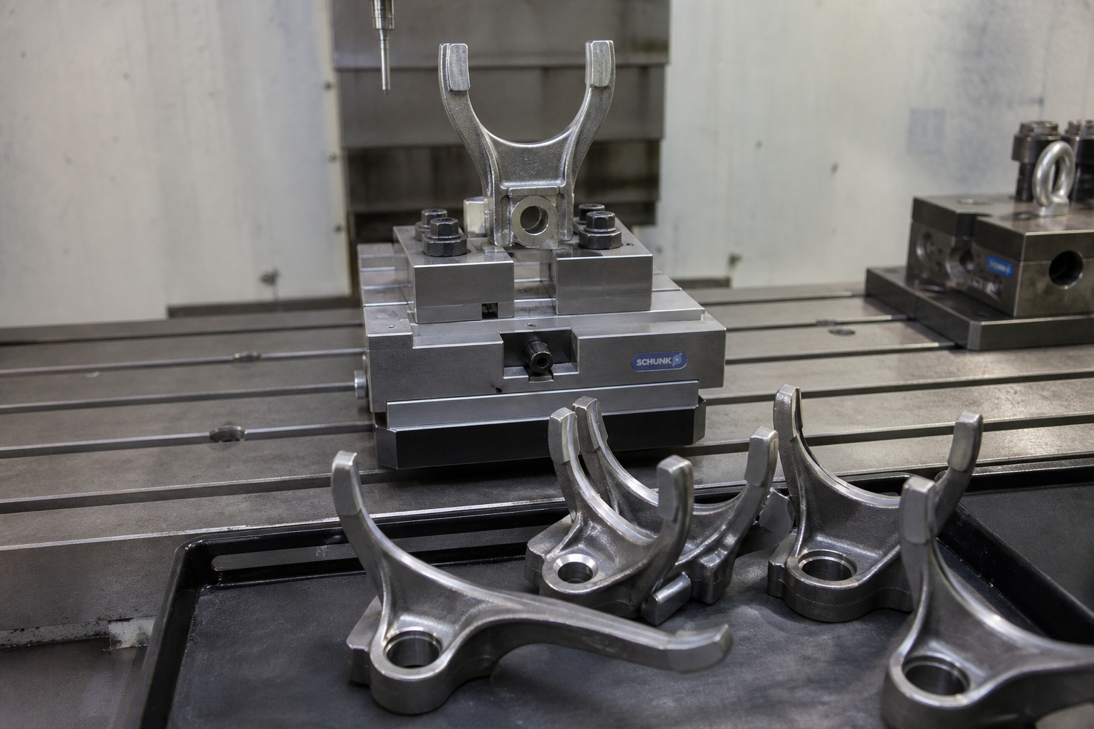 Gear shift fork clamped in a broaching fixture