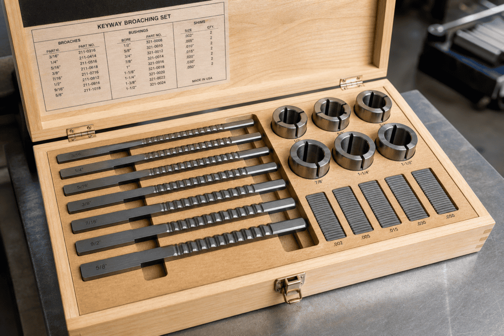 Keyway broaching set with broaches, bushings and shims in a case