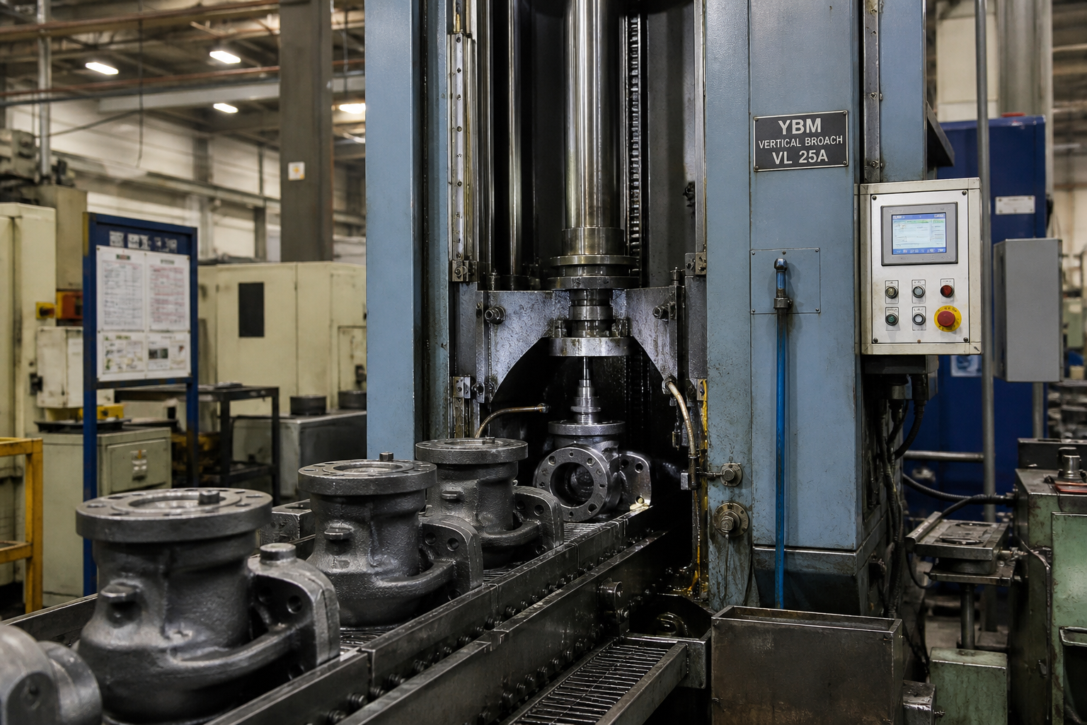 Cast valve bodies machined on a vertical broaching machine