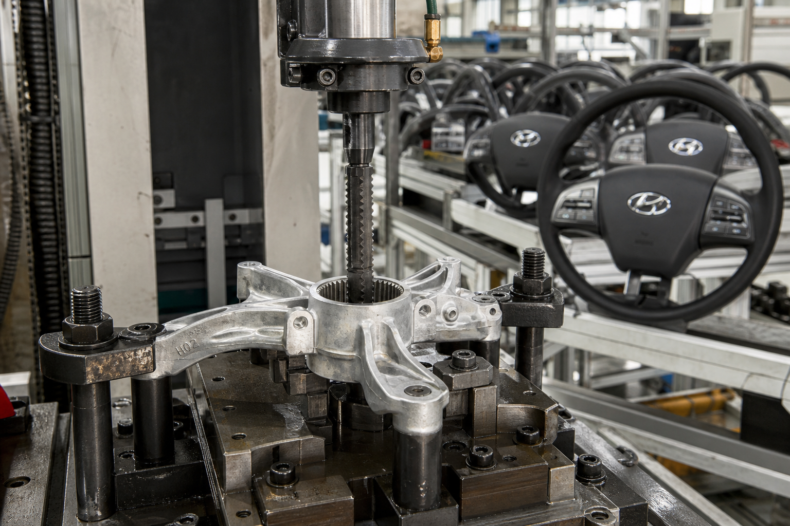 Steering wheel hub spline bore cut on a vertical broaching machine