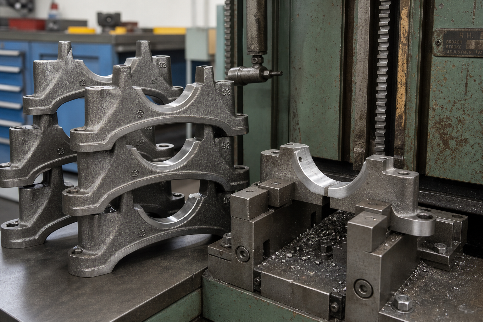 Main bearing caps having split faces broached flat