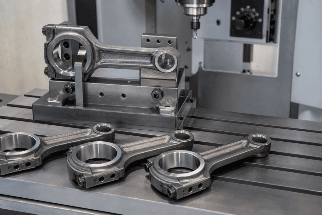 Engine connecting rod clamped in a broaching fixture