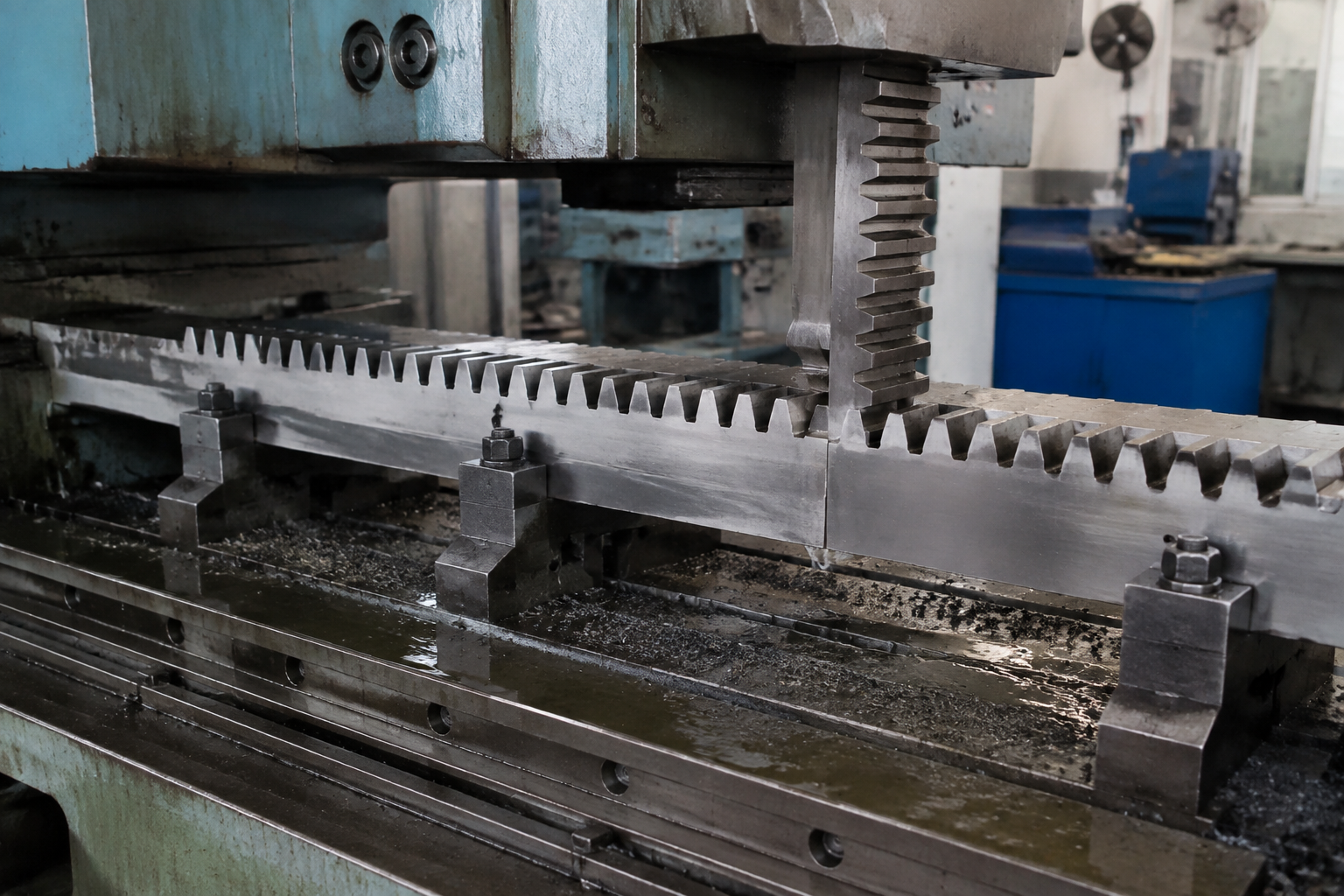 Gear rack teeth cut by a form broach on a horizontal machine