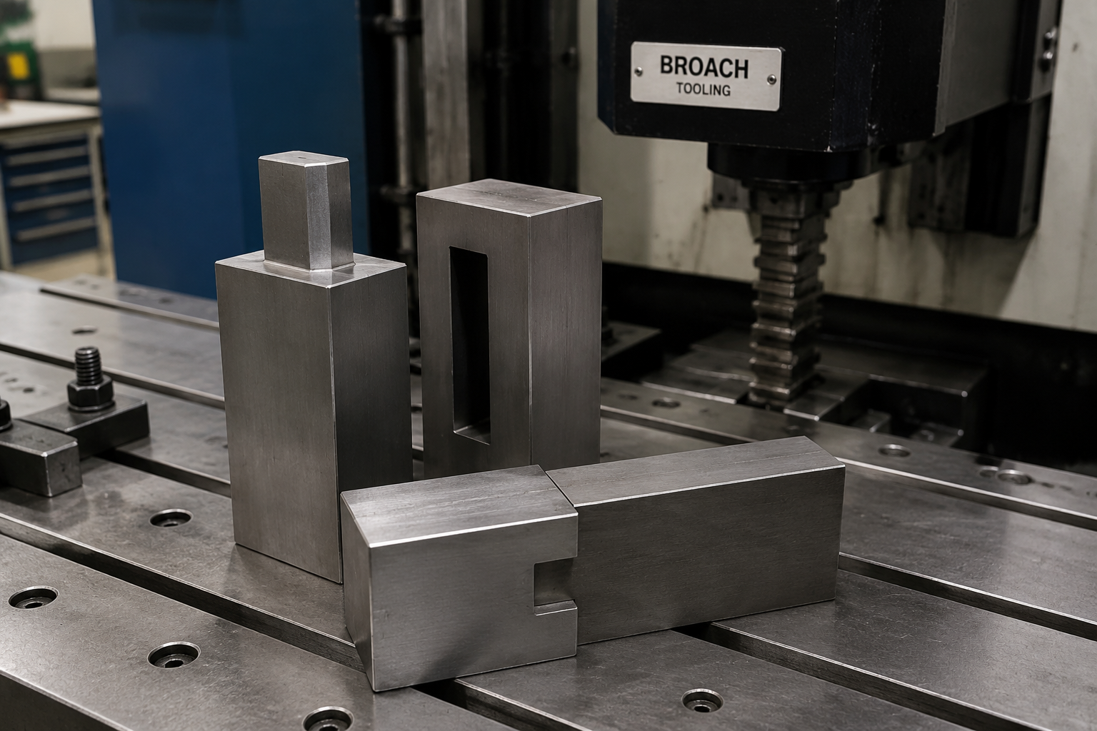 Metal tenon joints broached on a CNC side-broaching machine