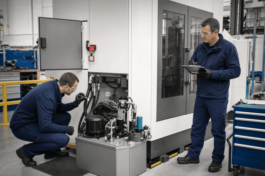 Conceptual illustration of technicians inspecting a stopped and isolated broaching machine