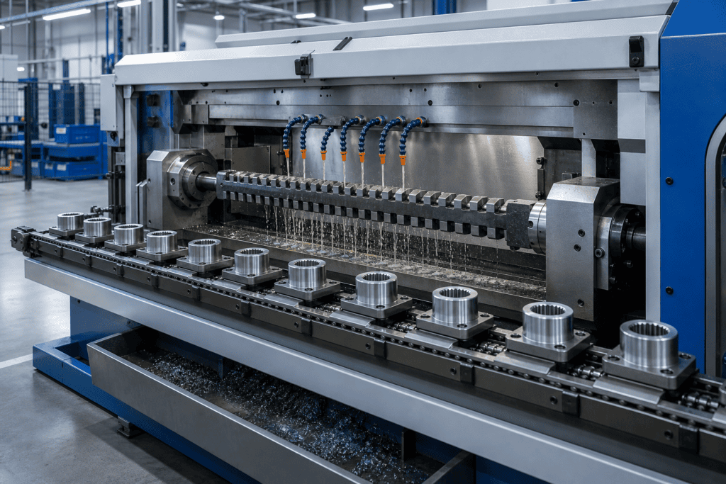 Conceptual illustration of a continuous broaching machine with workpieces moving on chain-mounted fixtures