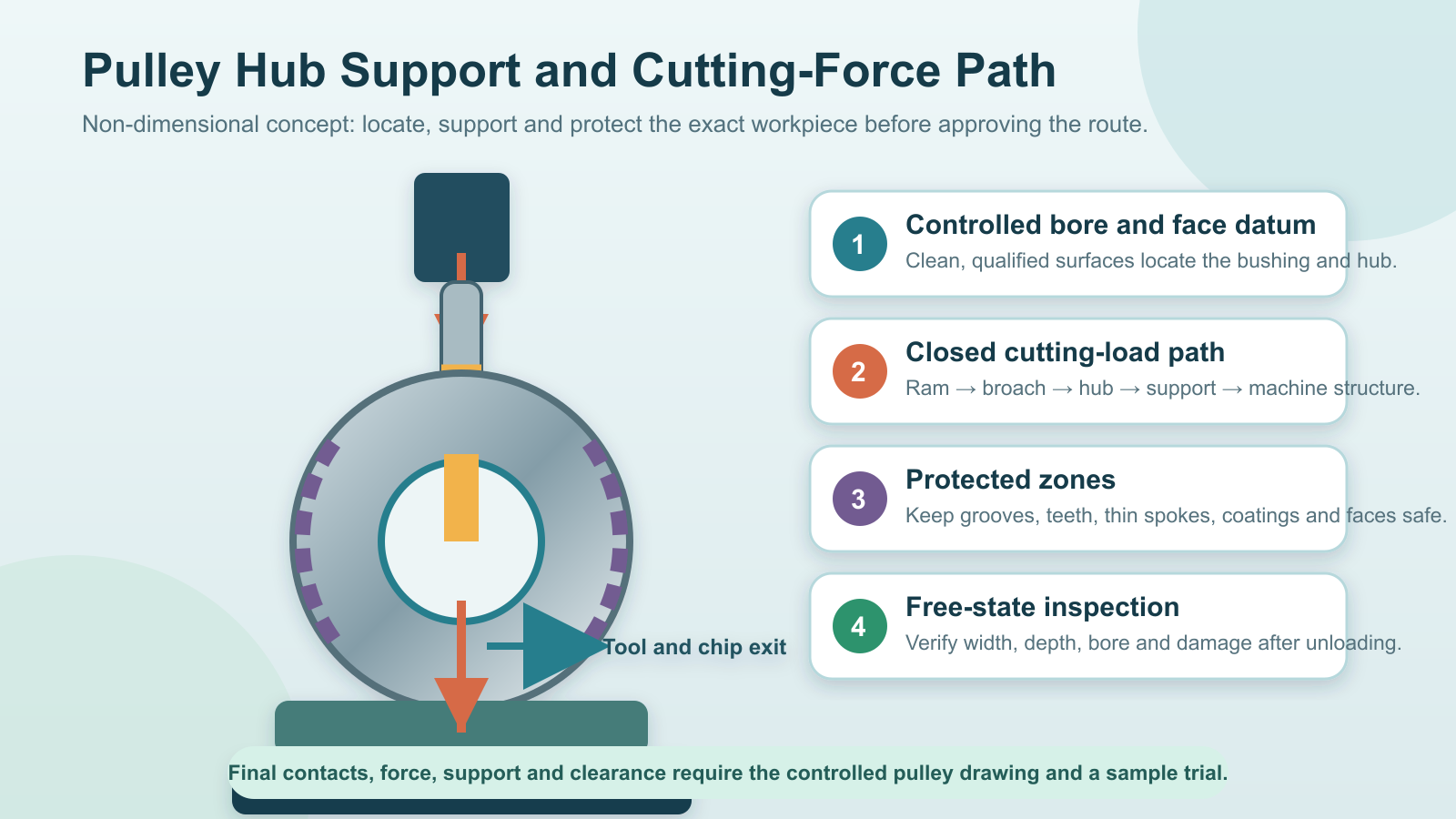 Pulley hub keyway broaching load path and protected zones