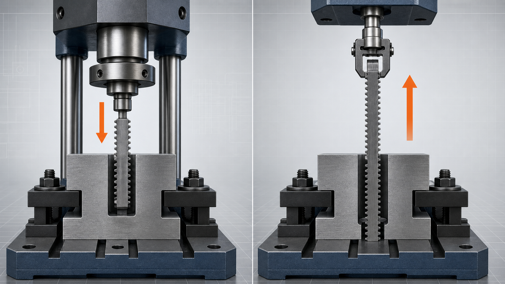 Conceptual comparison of push and pull broaching setups