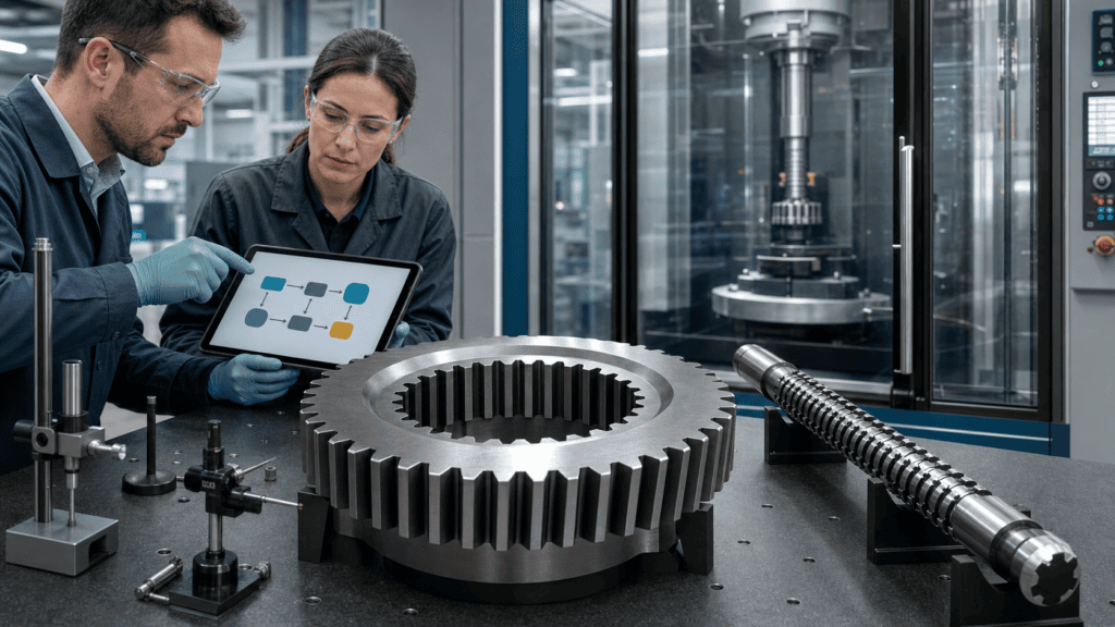 Conceptual illustration of engineers reviewing a transmission gear through internal spline and pull broach