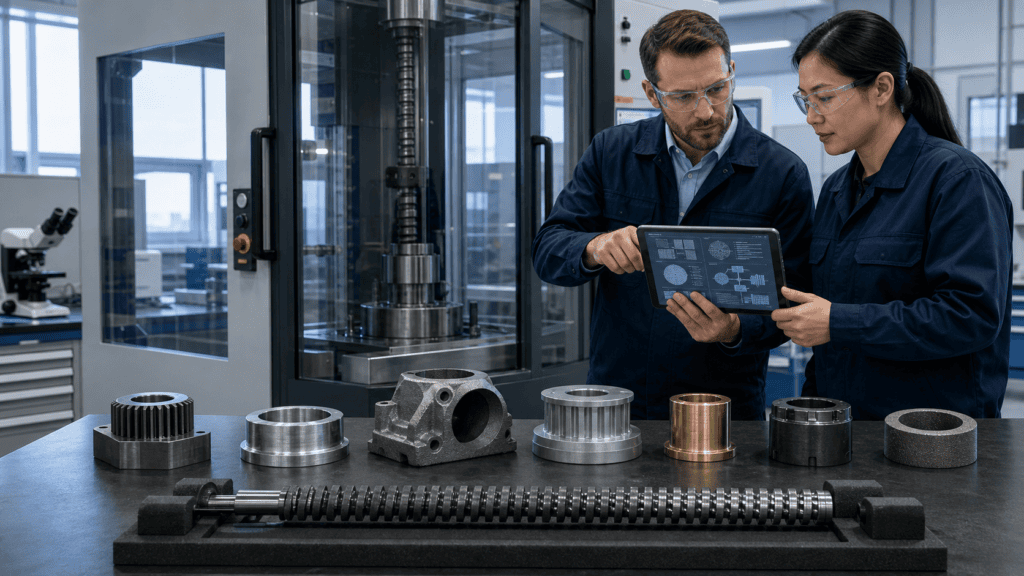 Conceptual illustration of engineers evaluating different workpiece materials for broaching