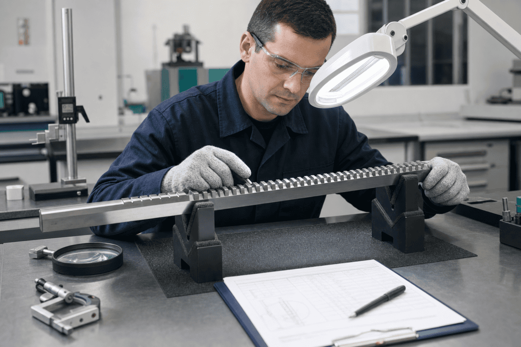 Conceptual illustration of a technician safely inspecting broach cutting teeth