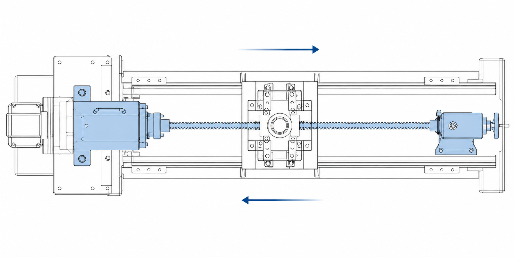 Horizontal broaching machine layout: bed, ram and fixture top view