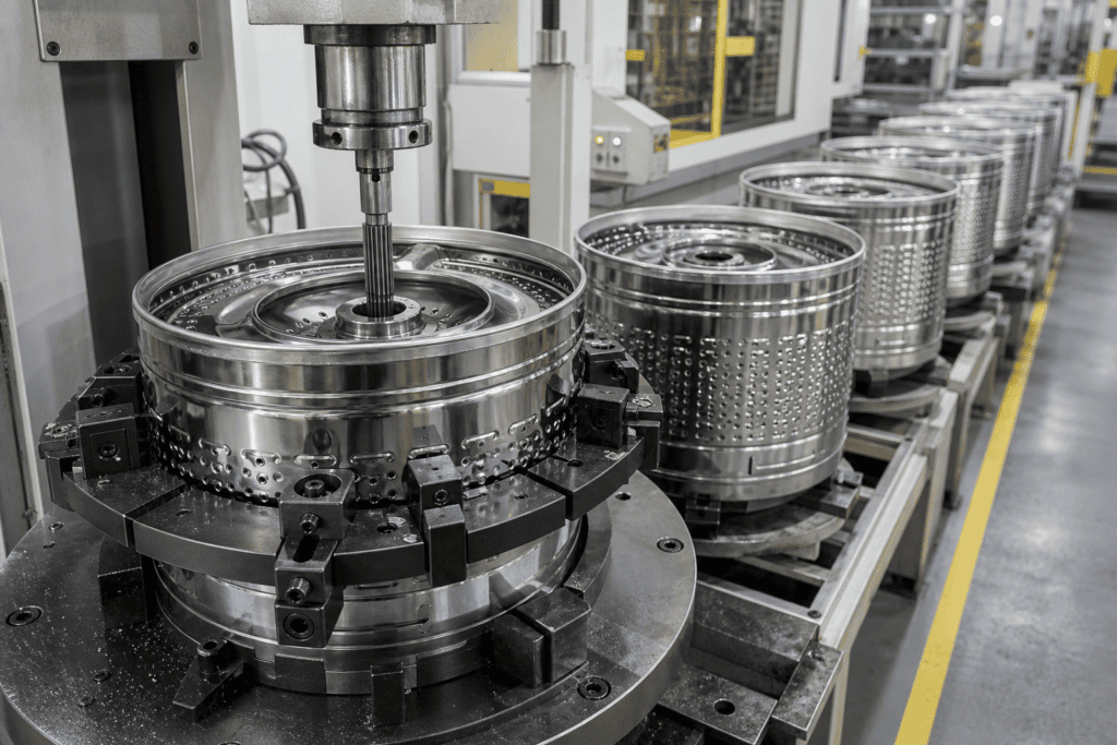 Washing machine inner drums with spline bore cut on a broaching machine