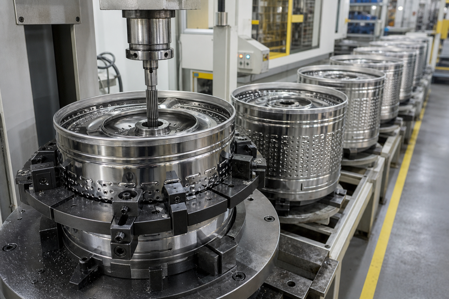 Washing machine inner drums with spline bore cut on a broaching machine