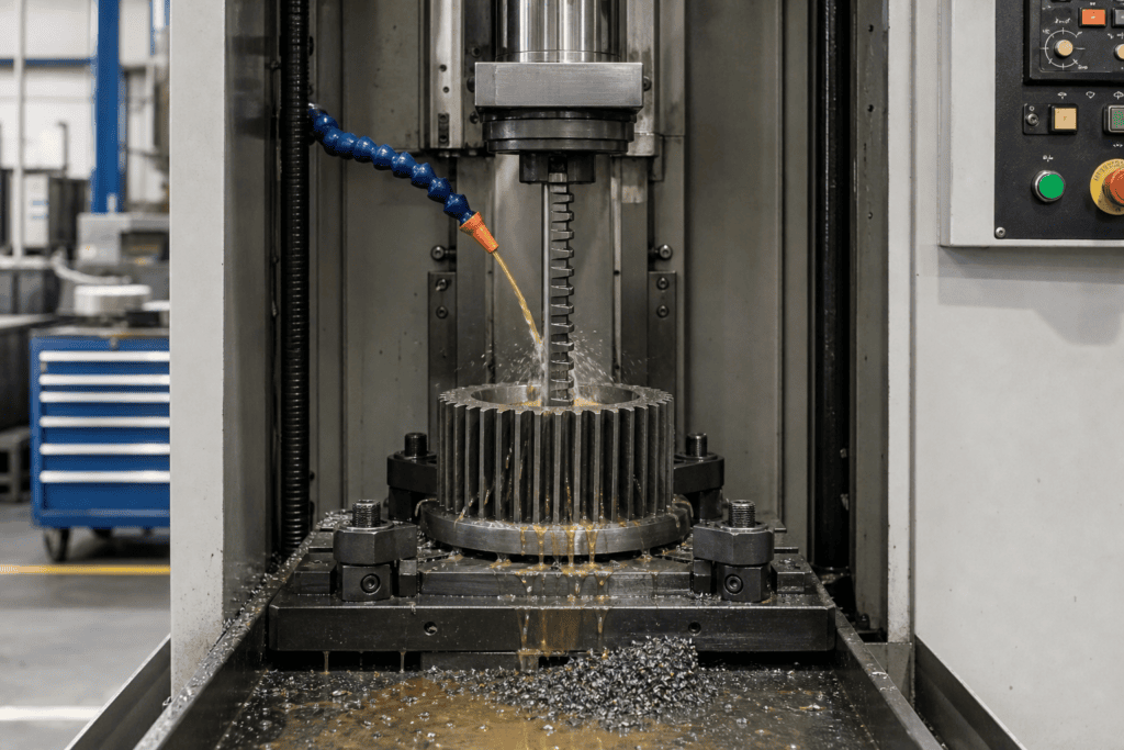 Vertical broaching machine driving a broach through a gear blank