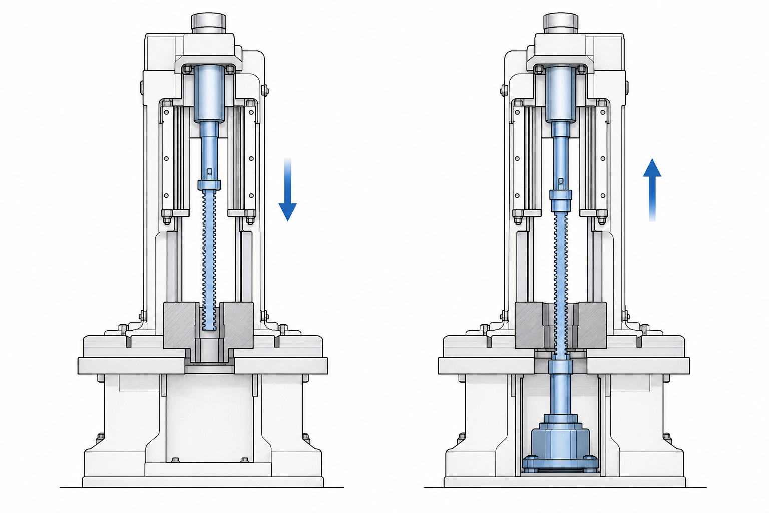 Pull-up versus pull-down vertical broaching machine configurations