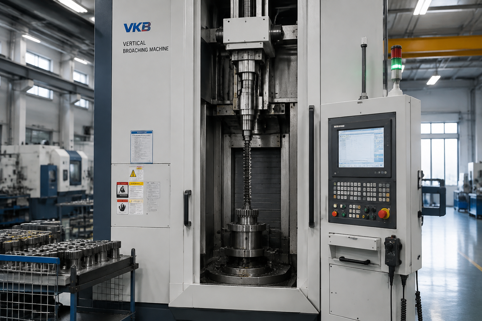 Modern vertical broaching machine mid-stroke on a gear blank