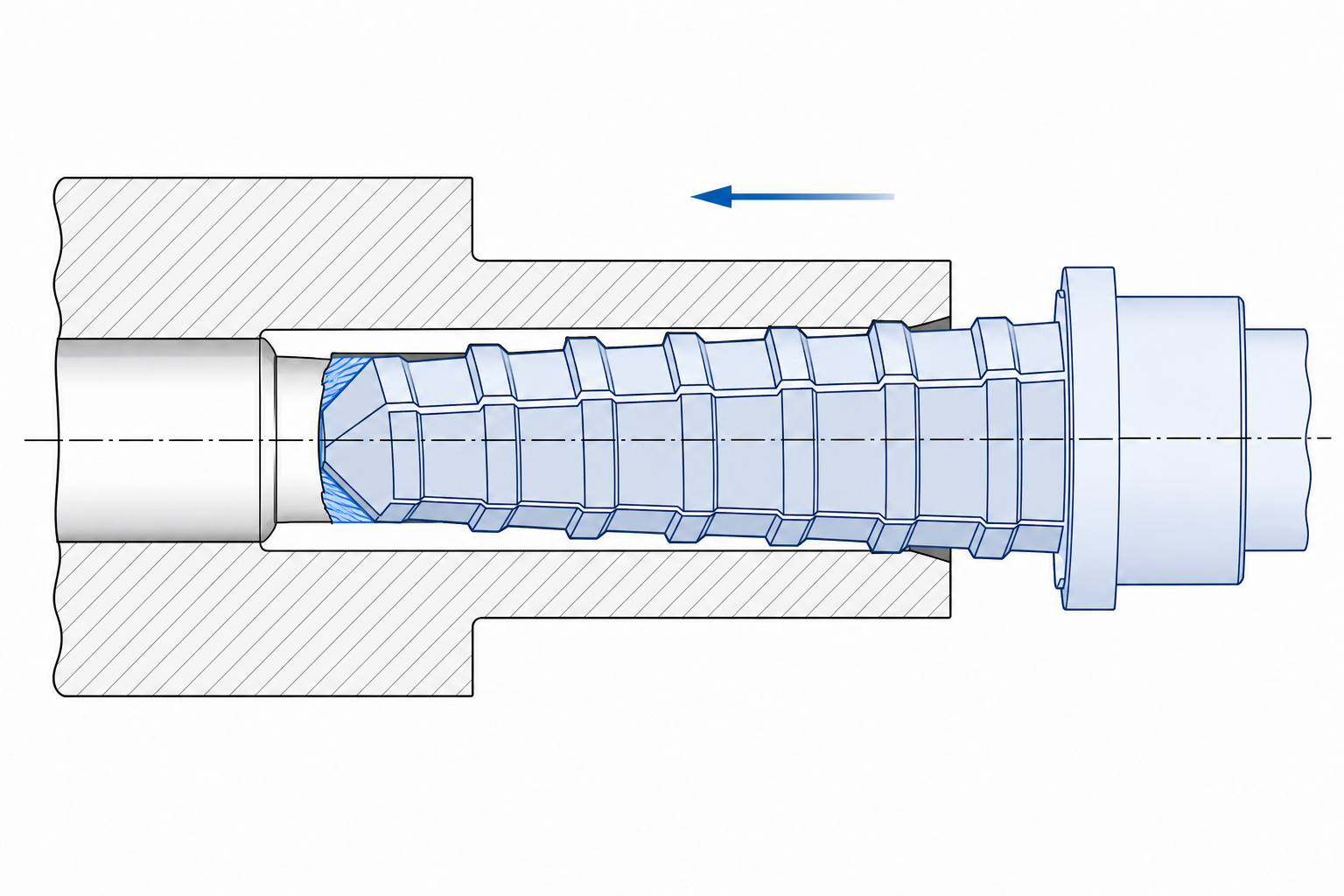 Rotary broaching principle: 1-degree tool tilt shearing a hexagonal form in one pass
