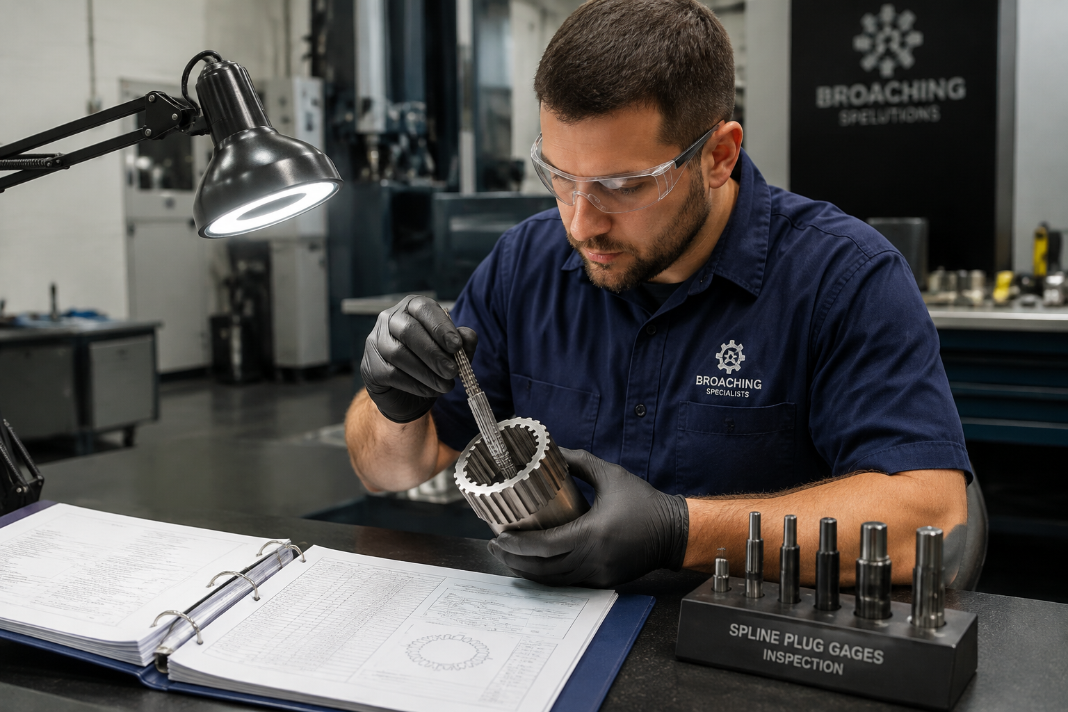 Quality engineer gauging a splined workpiece at a broaching service provider