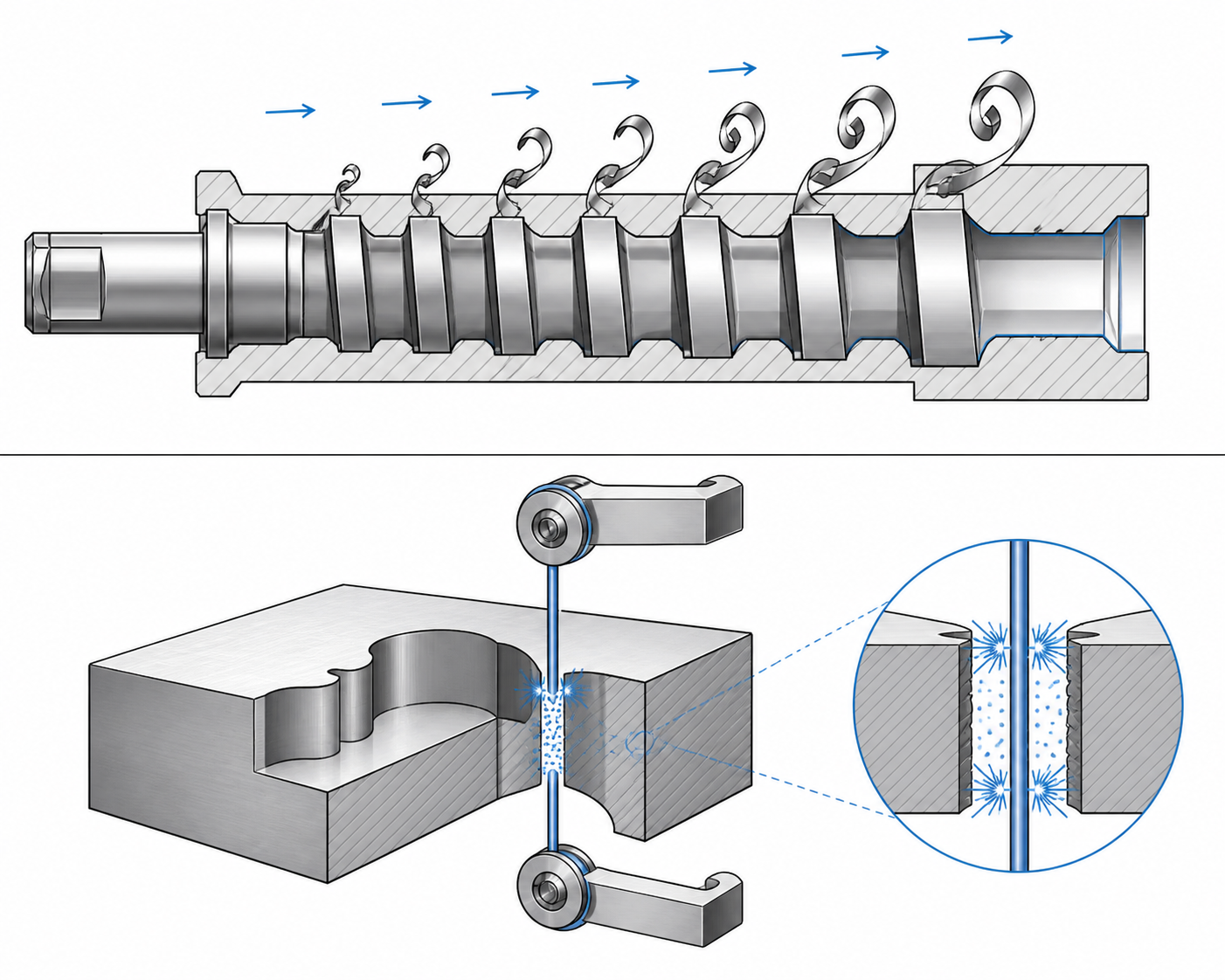 Mechanical chip shearing versus spark erosion comparison