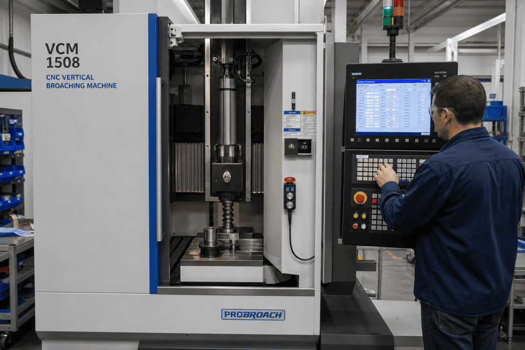 Operator programming a modern CNC vertical broaching machine