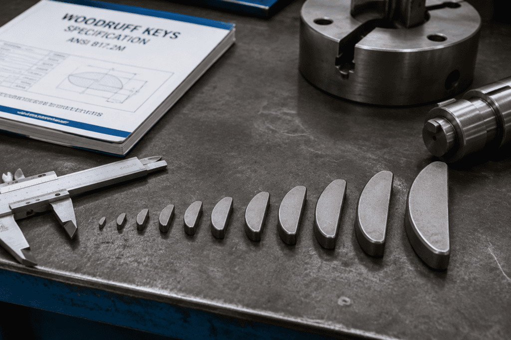 Woodruff keys arranged by size with calipers