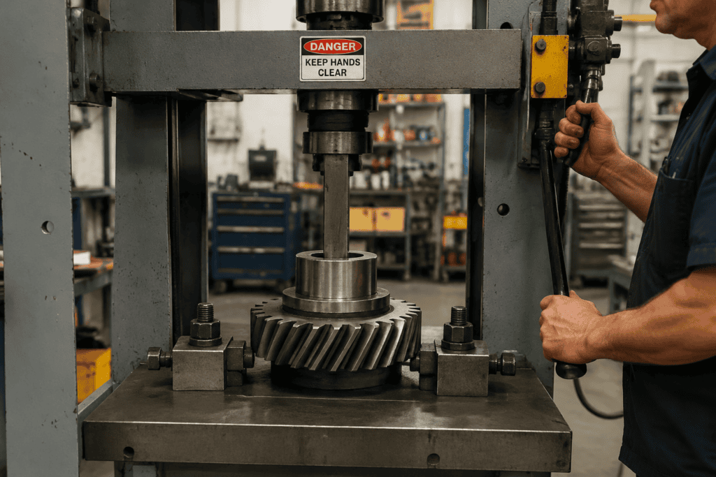 Keyway broaching with a guide bushing on a hydraulic H-frame press