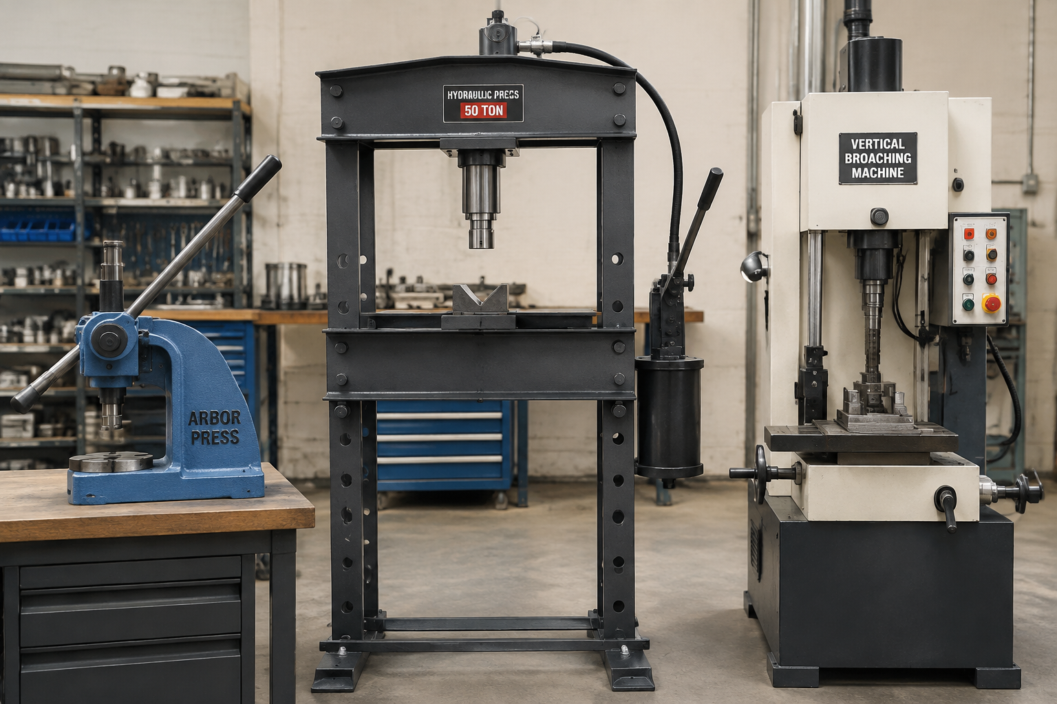 Broaching Press Guide: Arbor, Hydraulic and Production Press Broaching 1 Arbor press, hydraulic press and small broaching machine compared