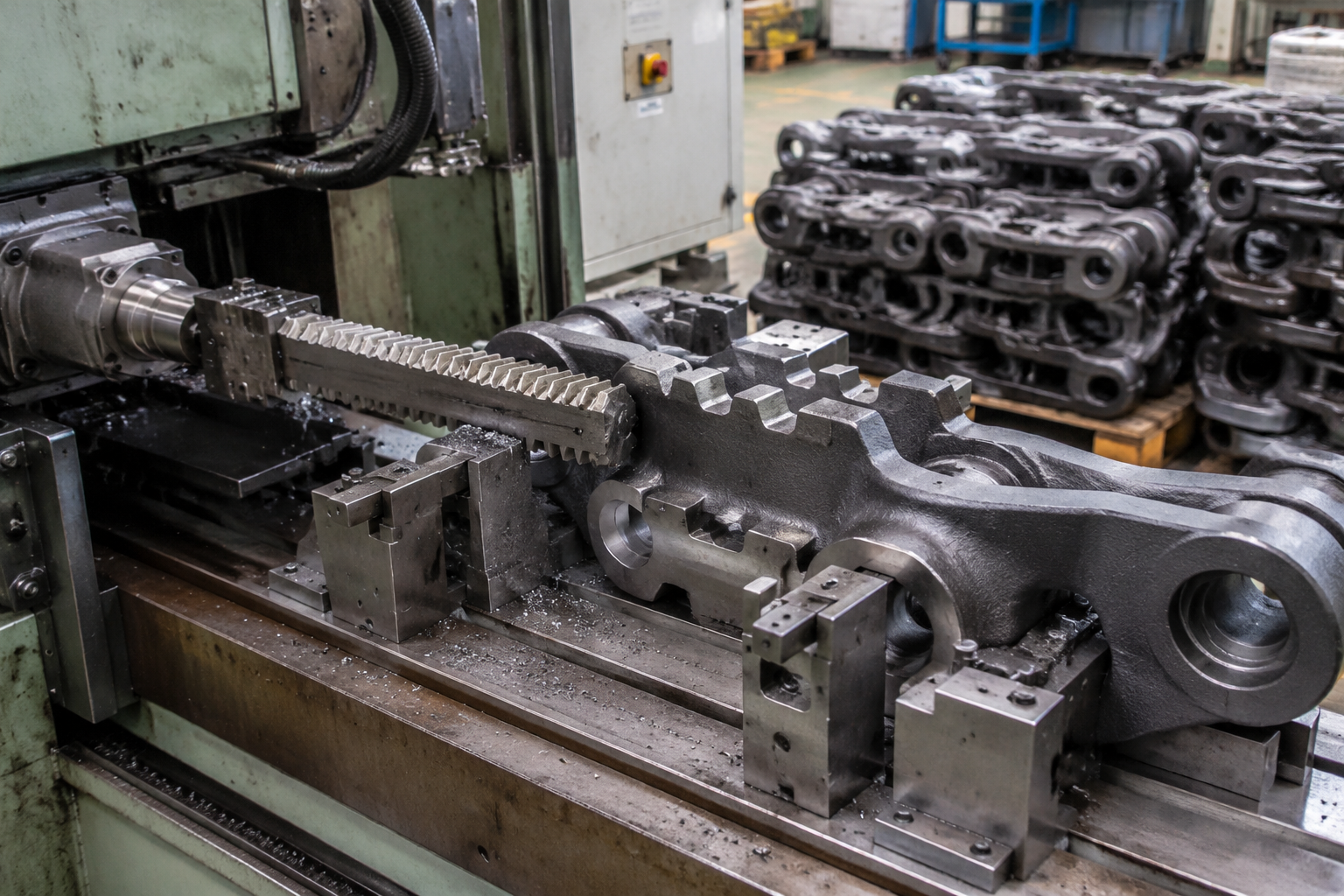 Forged track links having meshing tooth slots broached