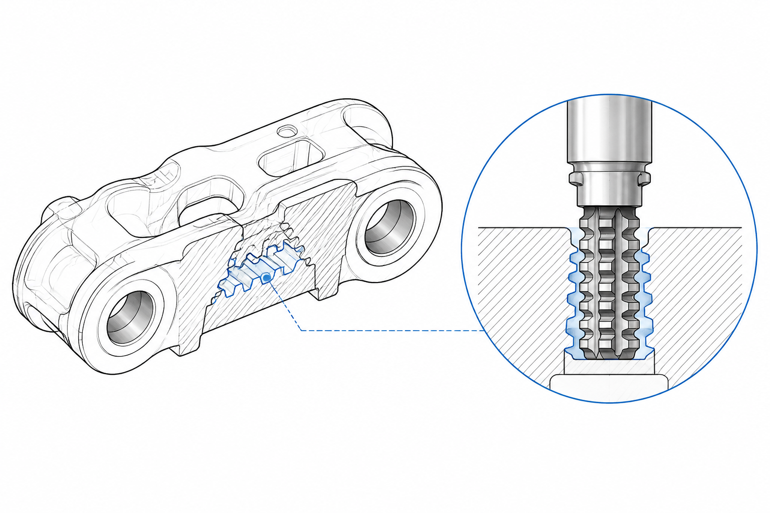 Track link cross-section with pin bores and toothed meshing slot