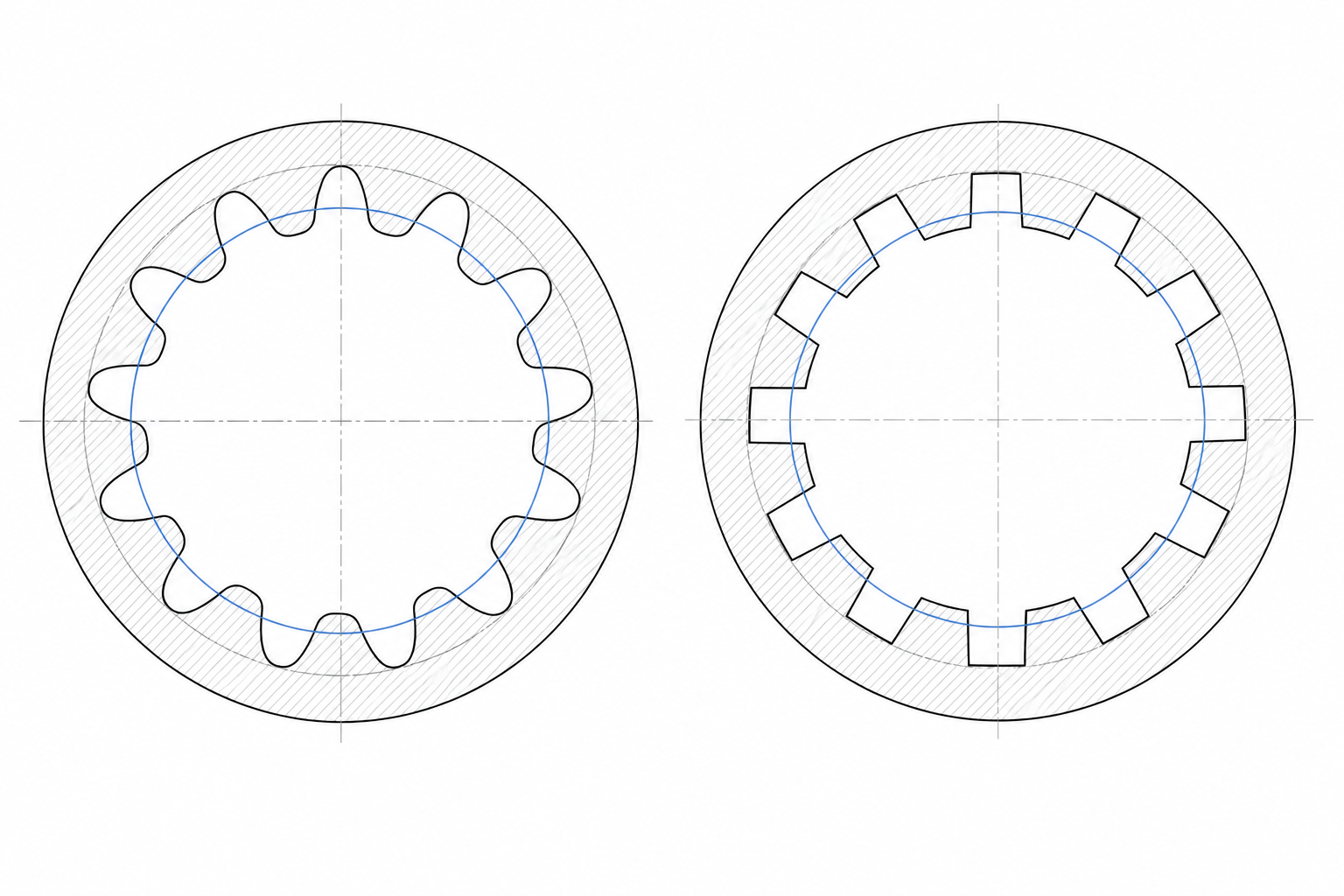 Involute curved teeth versus straight-sided spline comparison