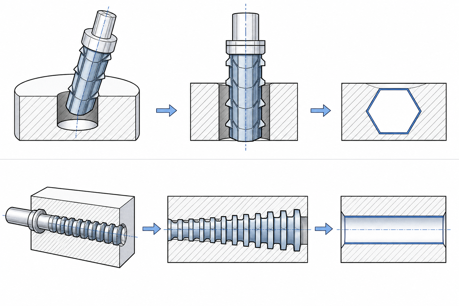 Rotary wobble broach versus linear multi-tooth broach comparison diagram