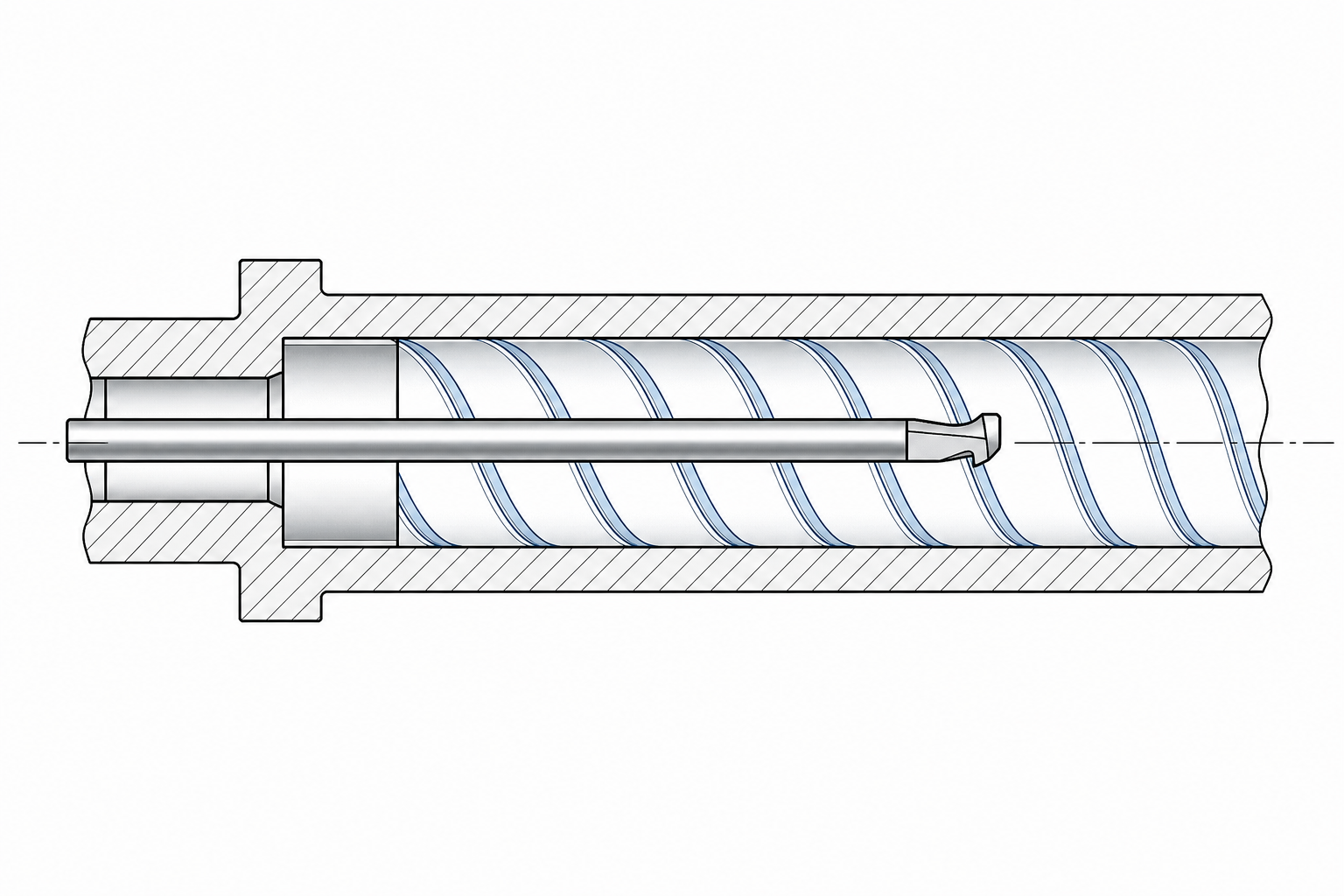 Spiral rifling grooves cut inside a tube bore by a hook broach
