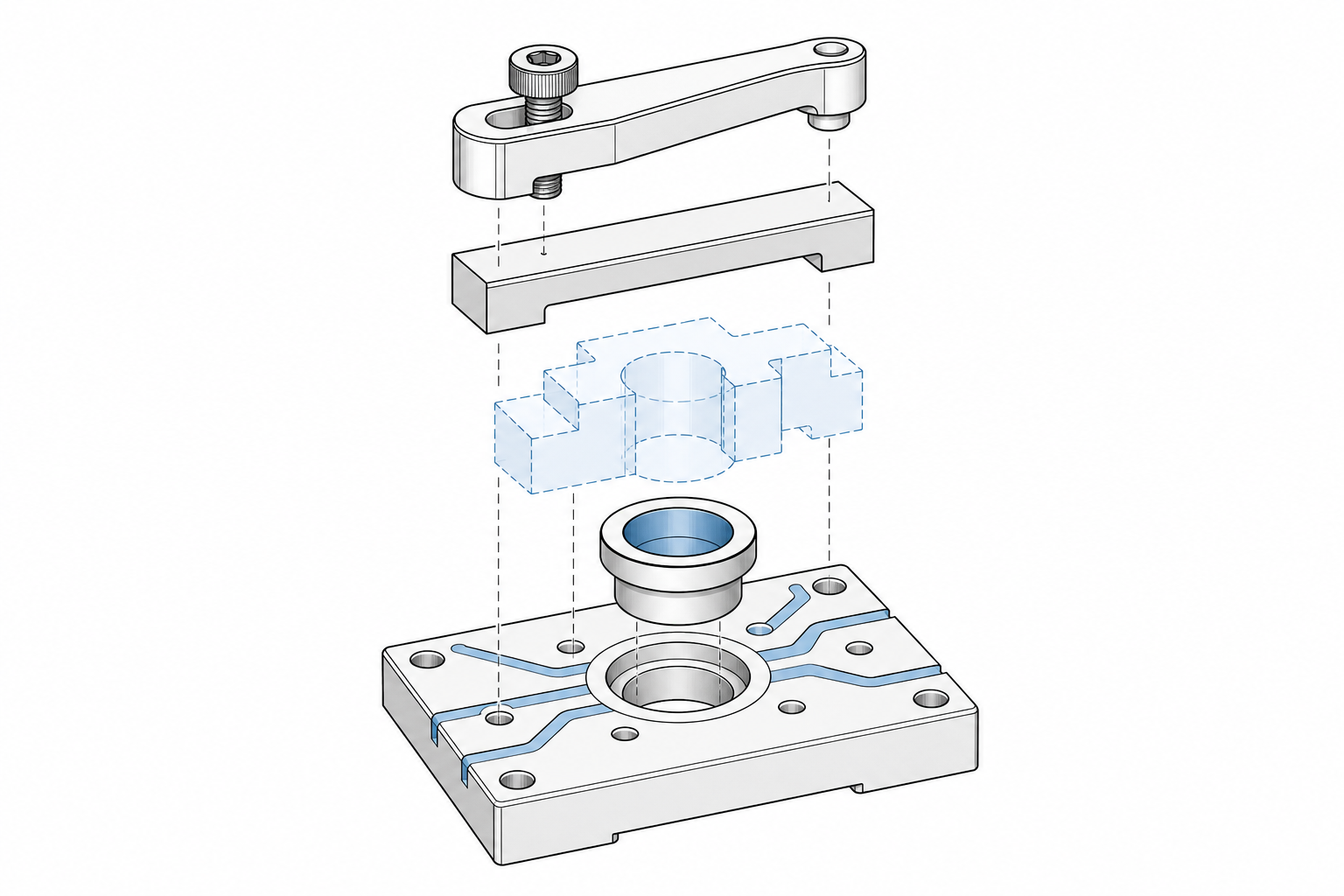 Broaching fixture exploded view: base, bushing, clamp and support