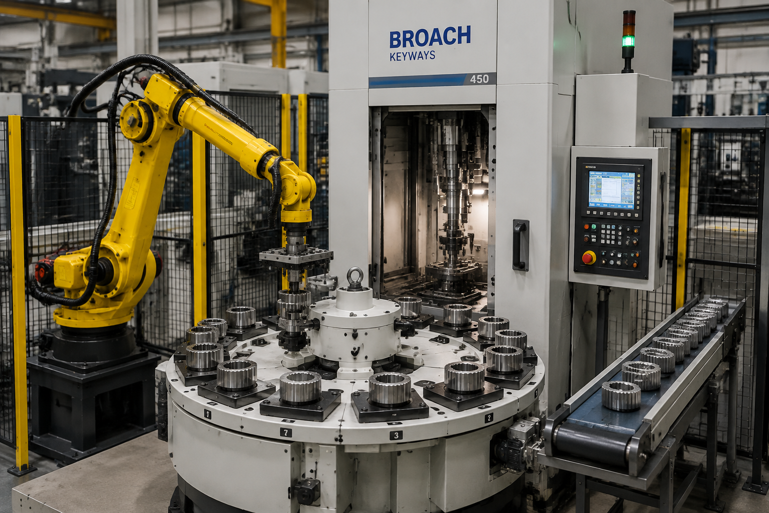 Automated CNC keyway broaching cell with robot loading