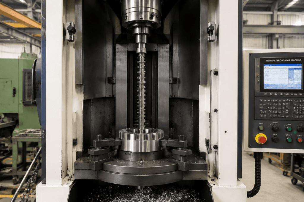 Vertical broaching machine pulling a broach through a gear blank
