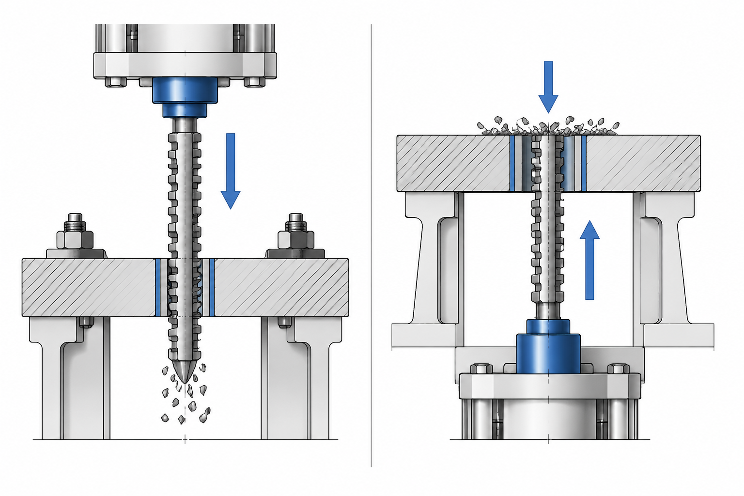 Pull-down versus pull-up broaching layout comparison