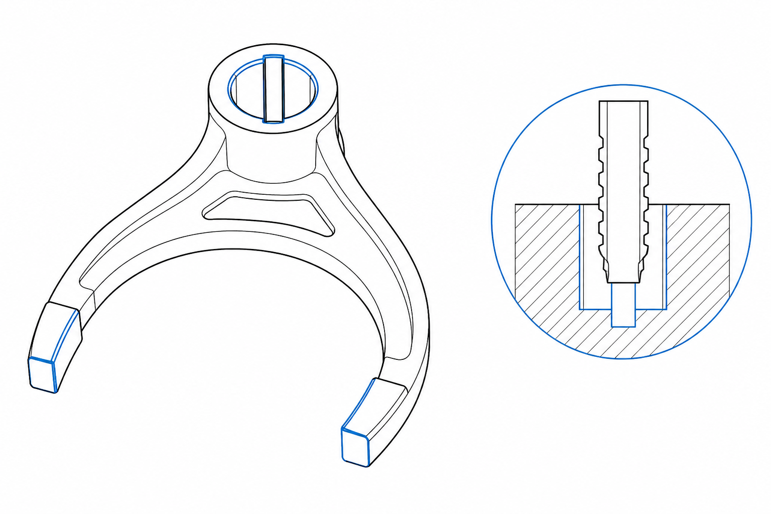 Shift fork machined features: bore keyway and fork prongs