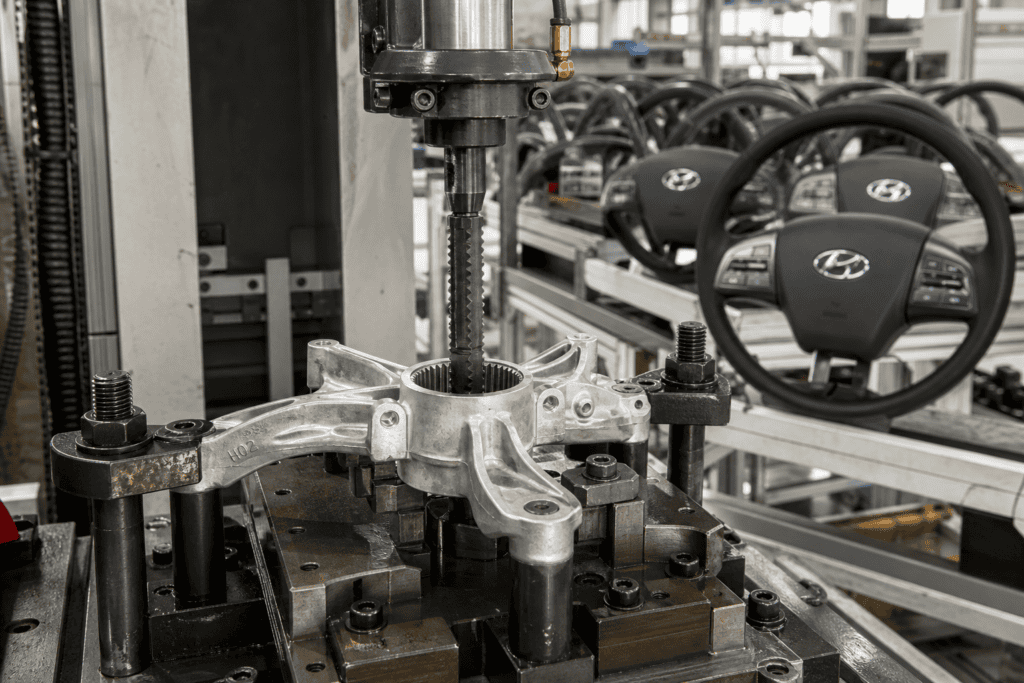 Steering wheel hub spline bore cut on a vertical broaching machine