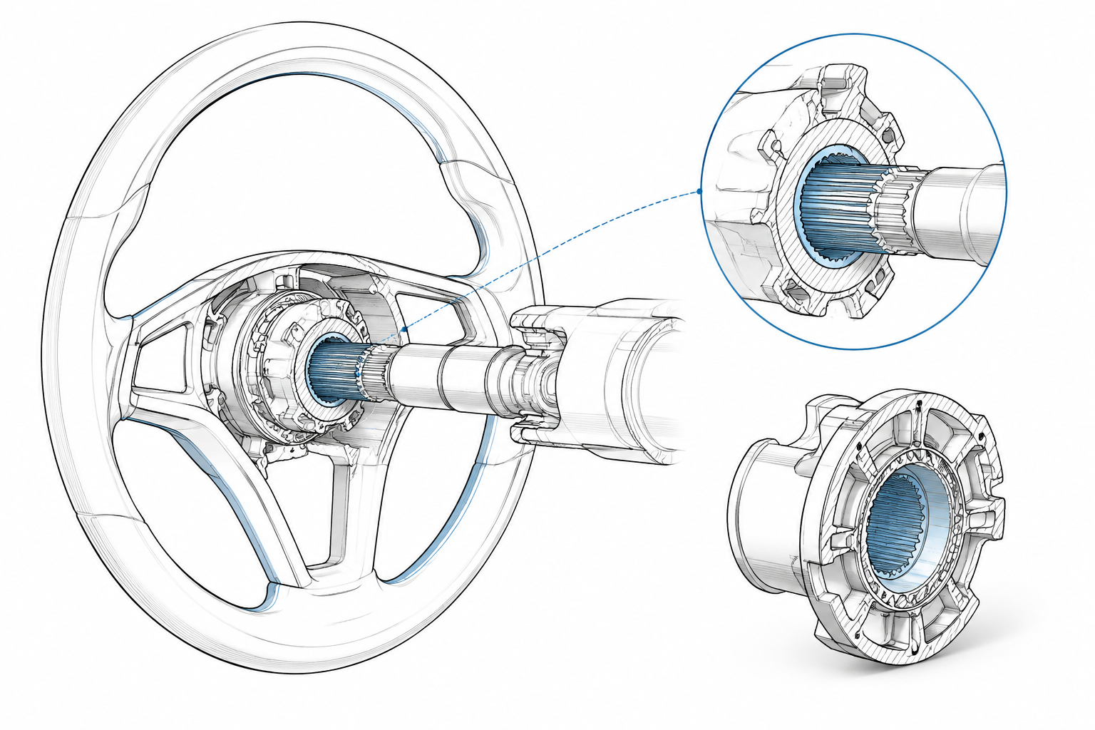 Steering wheel hub spline engagement with steering column