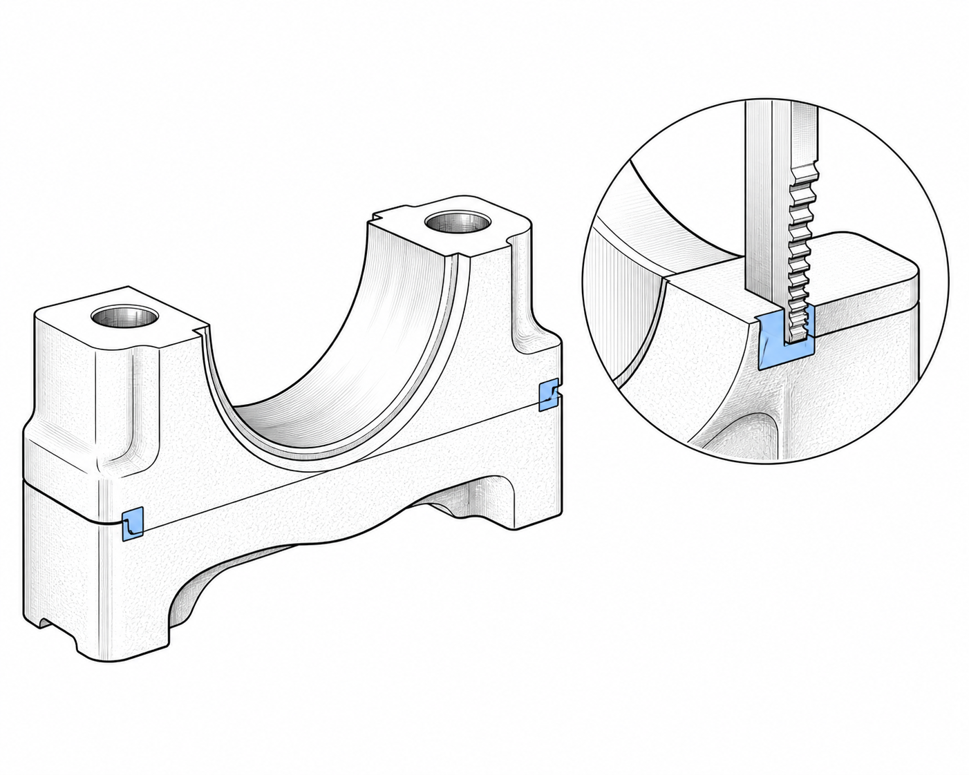Bearing cap split face and alignment notches detail