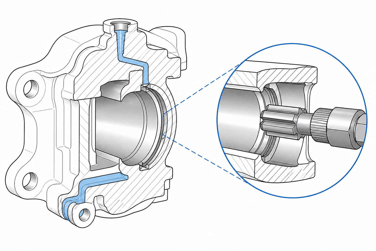 Brake caliper cross-section with piston bore seal groove
