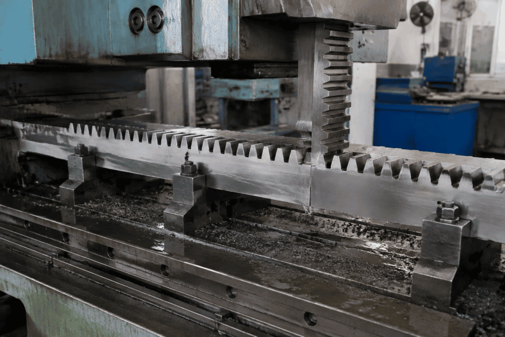 Gear rack teeth cut by a form broach on a horizontal machine